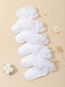SHEIN 5雙兒童棉製中大童蕾絲公主風蕾絲襪 - 白色 - 查看 1