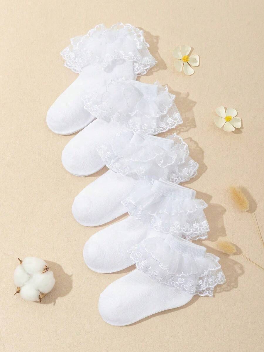 SHEIN 5雙兒童棉製中大童蕾絲公主風蕾絲襪 - 白色 - 查看 1