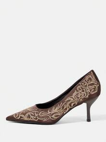 CUCCOO HITCHD Simple Matte Dark Brown Satin Embroidered High Heels, Exquisite Gold Floral Pattern, Pointed Middle Heel Gauntlets, Suitable For Daily Commuting, Form - dark brown - View 3