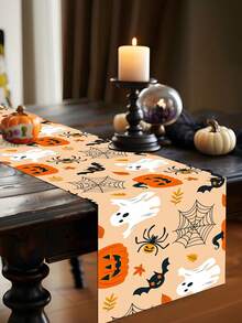 1pc Halloween Decoration Table Runner, Ghost Pumpkin Bat Pattern Orange Polyester Table Cover, Halloween Boo Ghost Tablecloth, Happy Halloween Decorative Table Cloth, Trick Or Treat, Halloween Cabinet Decorative Cover, Dining Table Centerpiece - Orange Full Version Halloween - View 7