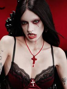 MortiRose Red Beaded Cross Gothpunk Necklace, Halloween, Halloween Accessories/, Halloween Costume/Gothic - Red - View 9