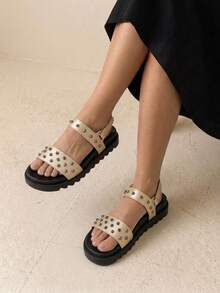HighSole Plain Color Rivet Decor Versatile Summer Flat Sandals - Gold - View 3