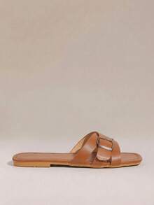HighSole 女士纯色平底舒适凉鞋（带扣） - 棕色 - 查看 2