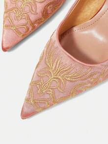 CUCCOO HITCHD Simple Champagne Matte Satin Embroidered High Heels Exquisite Gold Floral Pattern Pointed Middle Heel Gloafers Suitable For Daily Commuting Formal Occ - Champagne - View 5