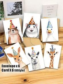 12PCS Funny Animal Birthday Cards With Envelopes Duck Mouse Giraffe Beaver Alpaca Party Hat Design For Family Friends Colleagues Holiday Stationery Cute Colorful Illustration Gift Idea - Multicolor - View 3