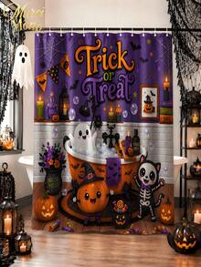 180cm*180cm 1/3/4 Pcs Halloween Ghost Bathing Bathroom Set, Includes 12 Hooks, 2D Flat Shower Curtain, Non-Slip Mat And Toilet Cover. It Is A Beautiful And Practical Home Decoration Gift Suitable For Use During The Autumn Halloween Season. - Halloween - View 11