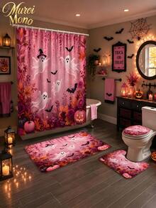 180cm*180cm 1/3/4 Pcs Halloween Pink Ghost Bathroom Set, Includes 12 Hooks, 2D Flat Shower Curtain, Non-Slip Mat And Toilet Cover. It Is A Beautiful And Practical Home Decoration Gift Suitable For Use During Autumn Halloween. - Halloween - View 10