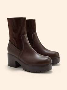 CUCCOO BASICS Women's Thick-Soled Brown Knitted Comfortable Breathable Elastic Women's Medium Boots Low Boots Fashionable And Comfortable Commuting Autumn And Winte - Coffee Brown - View 2
