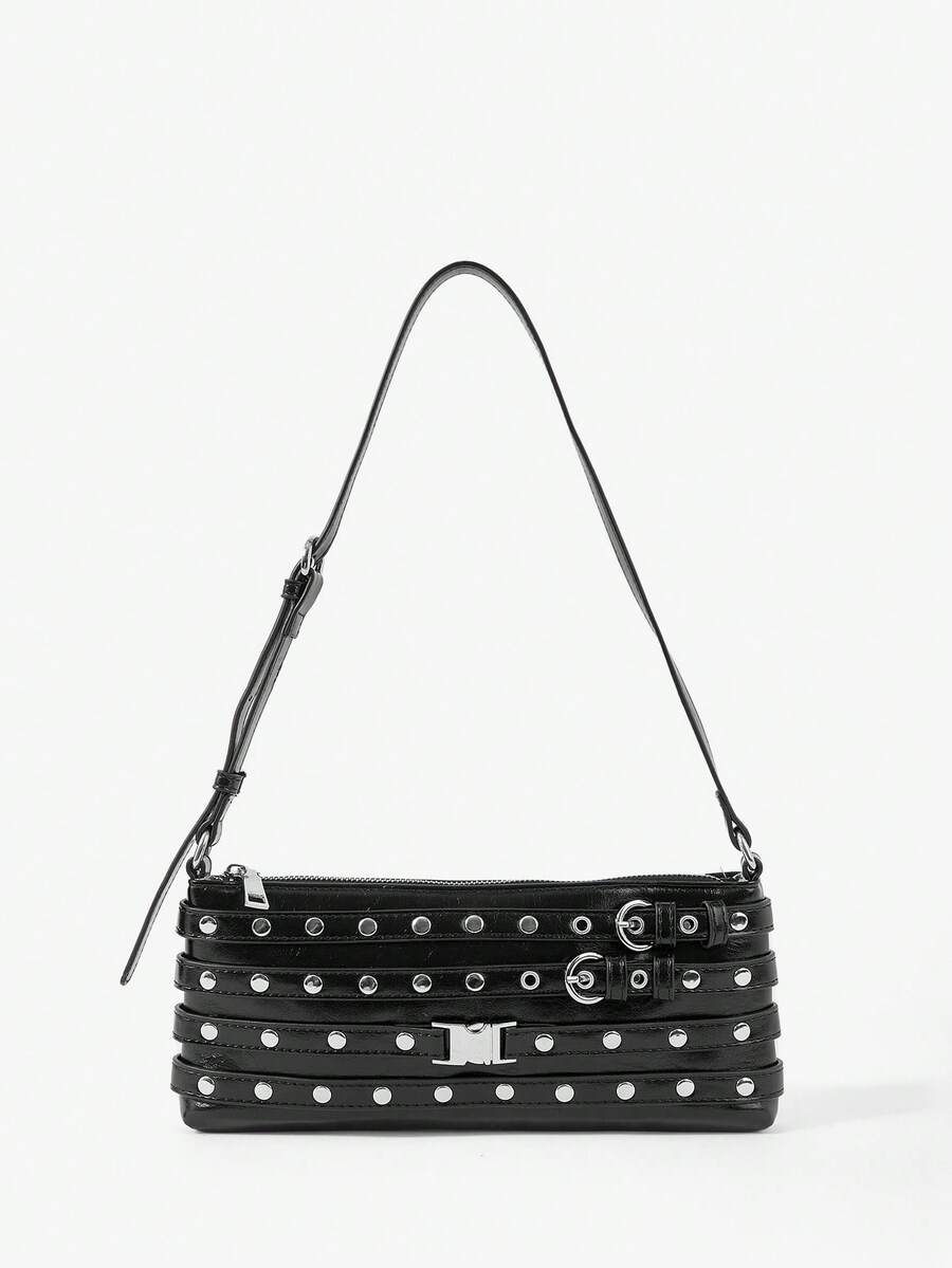 Viva Strut Ladies Bag, Spice Girl Sweet And Cool Girl Y2Y, Punk, Rivet Decoration, Gas Eye Decoration Shoulder Square Bag, Zipper Opening And Closing, Suitable F - Black - View 1