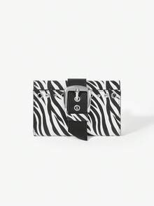 Viva Strut Dompet Lipat Tiga Pendek Motif Hewan, Motif Zebra Gaya Y2K Punk, Bentuk Sabuk Gesper Rivet Retro, Gaya Jalanan, Tas Kartu Fashion Retro Avant-Garde. - Hitam dan Putih - View 2