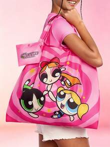 THE POWERPUFF GIRLS X SHEIN 1个可爱卡通花朵、泡泡、毛茛图案涤纶可折叠购物袋/手提袋，配有带珠链的小粉色收纳袋，Y 2 K，情人节 - 粉色 - 查看 7