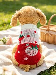 Festive Christmas Strawberry Graphic Pet Knit Pullover, Breathable Warm Winter Clothes, Fashion Pet Apparel For Holiday Photoshoots & Daily Use - C - View 6