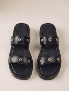 HighSole Spring And Summer New Metal Rivets Double With Open Toes Thick Bottom Black Personalized  Sandals Women Wear Shopping Travel Versatile - Black - View 6