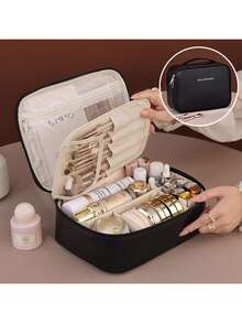 Multi-Layer Large Capacity Removable Makeup Bag, Faux Leather Travel Cosmetic Storage Box With Brush Holder, Portable Cosmetics Organizer For Beauty Essentials, Travel Vanity Case - Multicolor - View 11