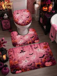 180cm*180cm 1/3/4 Pcs Halloween Pink Ghost Bathroom Set, Includes 12 Hooks, 2D Flat Shower Curtain, Non-Slip Mat And Toilet Cover. It Is A Beautiful And Practical Home Decoration Gift Suitable For Use During Autumn Halloween. - Halloween - View 11