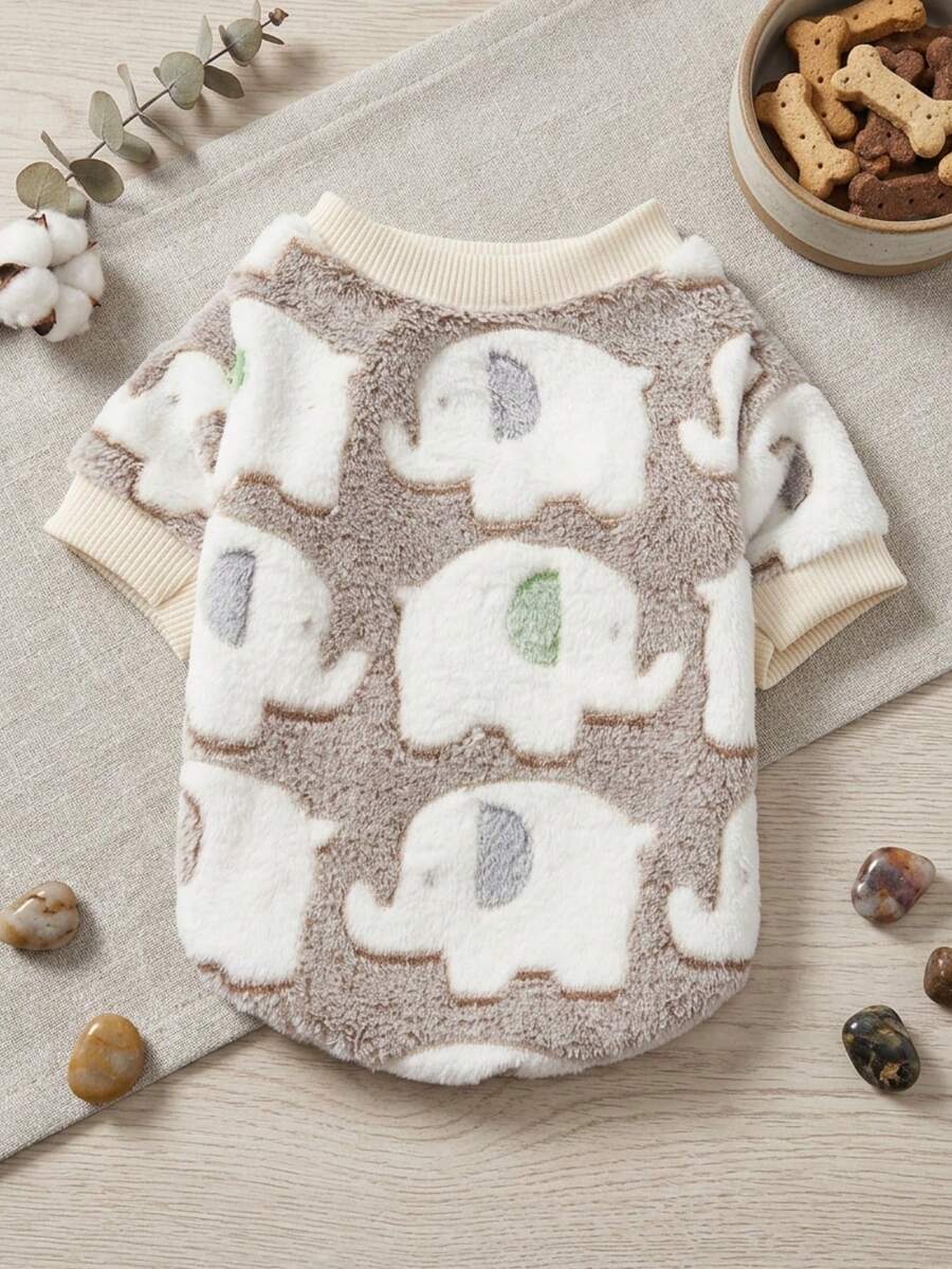 PETSIN 1 Pc Pet Dog/Cat Warm Fleece Elephant Print Sweatshirt, Light Brown - Multicolor - View 1