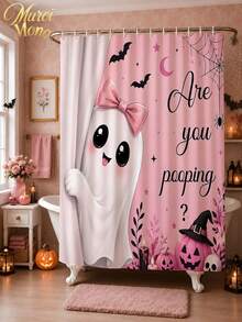 180cm*180cm 1/3/4 Pcs Halloween Pink Ghost Style Bathroom Set, Includes 12 Hooks, 2D Flat Shower Curtain, Non-Slip Mat And Toilet Cover. It Is A Beautiful And Practical Home Decoration Gift Suitable For Use During Autumn Halloween. - Halloween - View 9