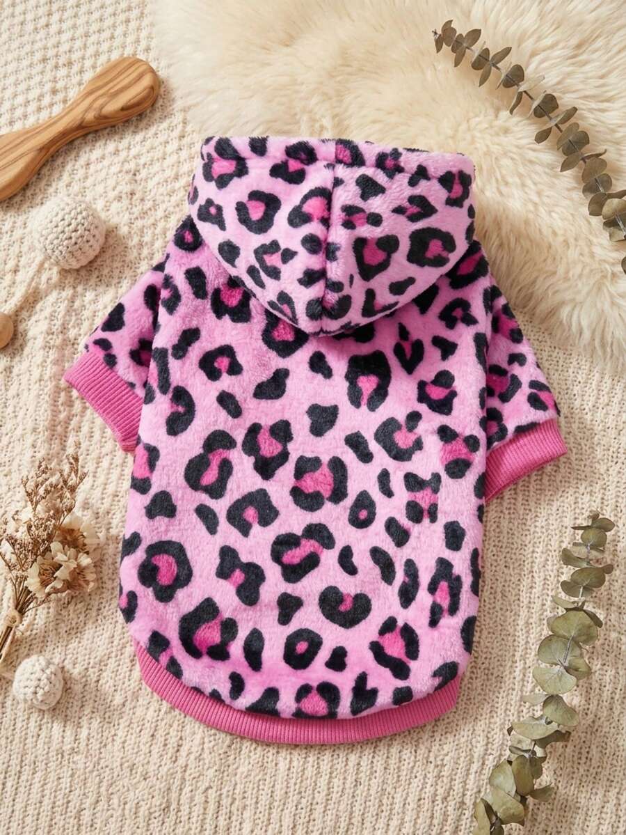 PETSIN 1 Piece Of Pink Leopard Print Spotted Pattern Printed Plush Hooded Pet Hoodie, Thick And Warm Winter Pet Cat And Dog Clothing - Multicolor - View 1