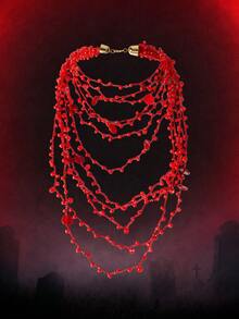 MortiRose 1 Piece, Bohemian Red Rice Bead Beaded Long Necklace, Bib Necklace, Multi-Layered Collarbone Chain Halloween Costume/Gothic - Multicolor - View 2