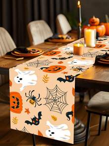 1pc Halloween Decoration Table Runner, Ghost Pumpkin Bat Pattern Orange Polyester Table Cover, Halloween Boo Ghost Tablecloth, Happy Halloween Decorative Table Cloth, Trick Or Treat, Halloween Cabinet Decorative Cover, Dining Table Centerpiece - Orange Full Version Halloween - View 4