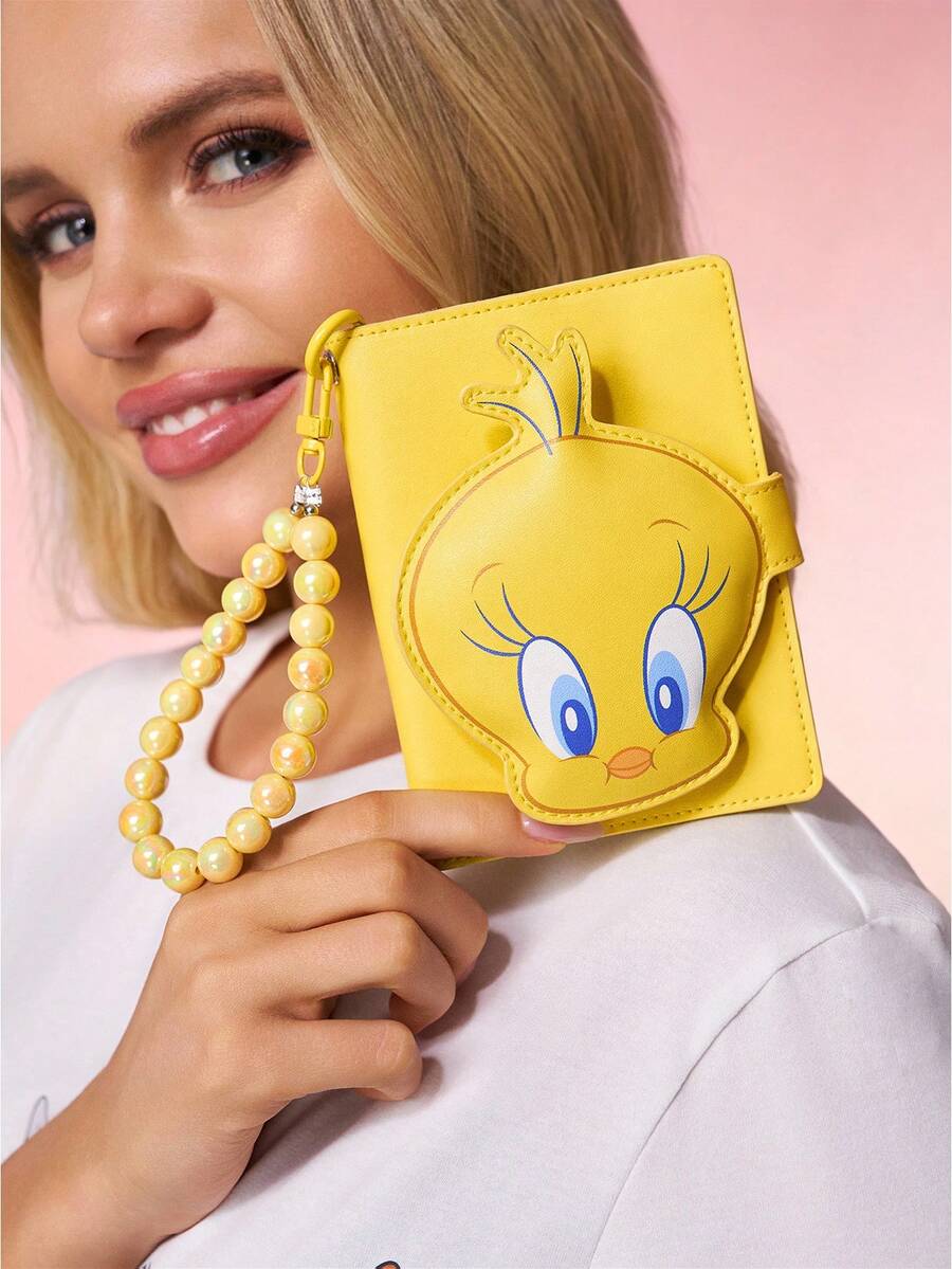 LOONEY TUNES X SHEIN 1 Pc PU Leather Cartoon Character Pattern Printed Passport Holder, Equipped With Bead Chain Pendant, Can Store Passports And Boarding Passes, Including Two Card Slots, Suitable For Men, Women, Teenagers, Suitable For Travel, Tweety - Yellow - View 1