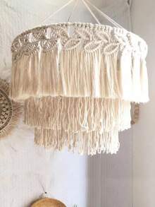 1PC HANDWOVEN BOHEMIAN MACRAME LANTERN SHADE WITH TASSEL FRINGE SCANDINAVIAN STYLE LAMP COVER FOR CEILING PENDANT LIGHT BEDROOM LIVING ROOM DINING ROOM CAFE HOME DECORATION BULB AND WIRE NOT INCLUDED - Beige - View 12