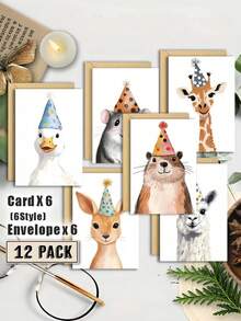 12PCS Funny Animal Birthday Cards With Envelopes Duck Mouse Giraffe Beaver Alpaca Party Hat Design For Family Friends Colleagues Holiday Stationery Cute Colorful Illustration Gift Idea - Multicolor - View 4