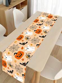 1pc Halloween Decoration Table Runner, Ghost Pumpkin Bat Pattern Orange Polyester Table Cover, Halloween Boo Ghost Tablecloth, Happy Halloween Decorative Table Cloth, Trick Or Treat, Halloween Cabinet Decorative Cover, Dining Table Centerpiece - Orange Full Version Halloween - View 2