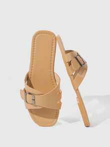 HighSole 女士纯色平底舒适凉鞋（带扣） - 卡其色 - 查看 10