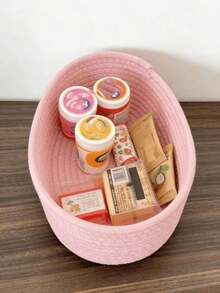 Handwoven Rope Storage Basket Oval Small Hanging Organizer For Living Room Bedroom Game Room Snacks DIY Craft Holiday Decor Gift Toy Storage Back To School Must Have Smart Choice - Pink - View 3