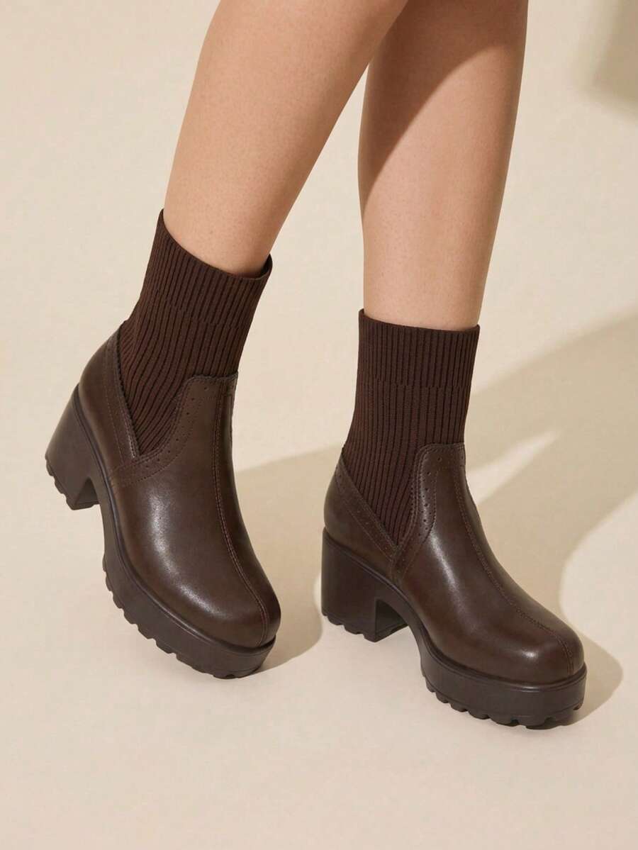 CUCCOO BASICS Women's Thick-Soled Brown Knitted Comfortable Breathable Elastic Women's Medium Boots Low Boots Fashionable And Comfortable Commuting Autumn And Winte - Coffee Brown - View 1
