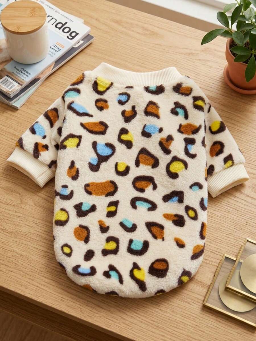 PETSIN 1 Pc Colorful Leopard Print Fleece Thickened Warm Round Neck Sweatshirt For Pet Cats & Dogs, Autumn/Winter - Multicolor - View 1