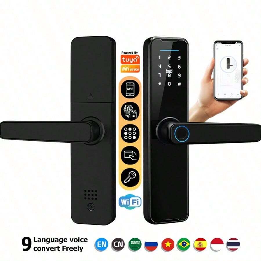 Tuya Smart Door Lock, Fingerprint Door Lock, Keyless‑Entry Smart Lock, Front Door Biometric Lock With Fingerprint Recognition, Free App, Shared Electronic Keys And IC Cards - Black - View 1