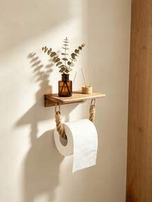 1pc Multifunctional Toilet Paper Holder, Wooden Wall-Mounted Toilet Paper Rack, No Drilling Required, Phone, Toilet Paper, Aroma Diffuser Holder - log color - View 7