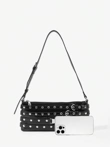 Viva Strut Ladies Bag, Spice Girl Sweet And Cool Girl Y2Y, Punk, Rivet Decoration, Gas Eye Decoration Shoulder Square Bag, Zipper Opening And Closing, Suitable F - Black - View 3