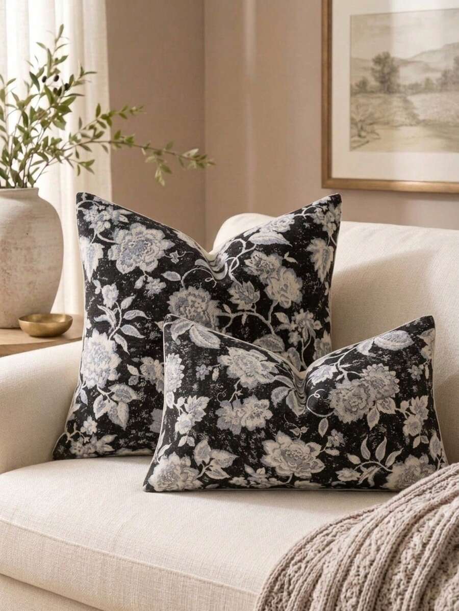 Cirelle 1 Stück/2 Stücke Vintage-Jacquard-Blumen-Kissenbezüge für alle Jahreszeiten, antike Ölgemälde-Textur, quadratische neutrale Kissenbezüge für Mid-Century, Landhausstil & hellen französischen Wohnstil, Einsätze nicht enthalten - Schwarz - Übersicht 1