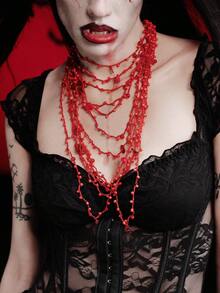 MortiRose 1 Piece, Bohemian Red Rice Bead Beaded Long Necklace, Bib Necklace, Multi-Layered Collarbone Chain Halloween Costume/Gothic - Multicolor - View 3