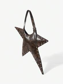 Viva Strut 1pc Star Shape Shoulder Bag, Retro Coffee Color Faux Leather, Fashion, Personalized, Versatile, Street Style, Sweet Cool Girl, Hot Girl, Y2K, Rivet. - Rust Brown - View 3