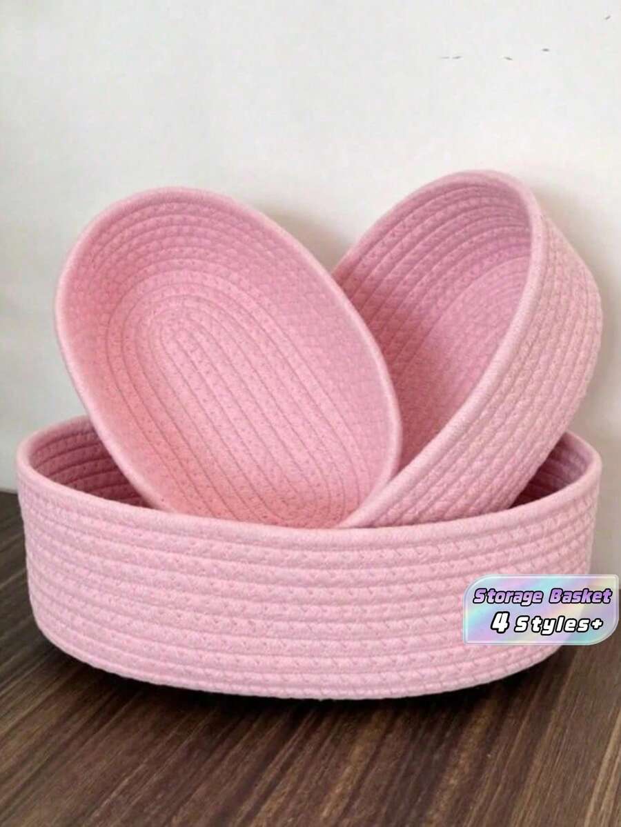 Handwoven Rope Storage Basket Oval Small Hanging Organizer For Living Room Bedroom Game Room Snacks DIY Craft Holiday Decor Gift Toy Storage Back To School Must Have Smart Choice - Pink - View 1