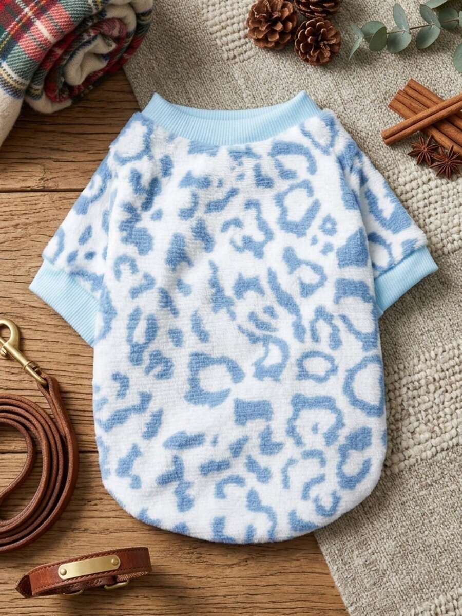 PETSIN 1pc Blue & White Leopard Print Fleece Pet Sweatshirt For Keeping Warm - Multicolor - View 1