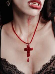 MortiRose Red Beaded Cross Gothpunk Necklace, Halloween, Halloween Accessories/, Halloween Costume/Gothic - Red - View 5