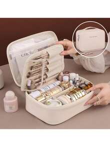 Multi-Layer Large Capacity Removable Makeup Bag, Faux Leather Travel Cosmetic Storage Box With Brush Holder, Portable Cosmetics Organizer For Beauty Essentials, Travel Vanity Case - Multicolor - View 12