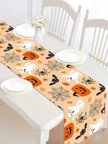 1pc Halloween Decoration Table Runner, Ghost Pumpkin Bat Pattern Orange Polyester Table Cover, Halloween Boo Ghost Tablecloth, Happy Halloween Decorative Table Cloth, Trick Or Treat, Halloween Cabinet Decorative Cover, Dining Table Centerpiece - Orange Full Version Halloween - View 8