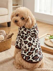 PETSIN 1pc Pet Coffee Color Leopard Plush Warm Hoodie Sweatshirt For Cats And Dogs In Autumn/Winter - Multicolor - View 3