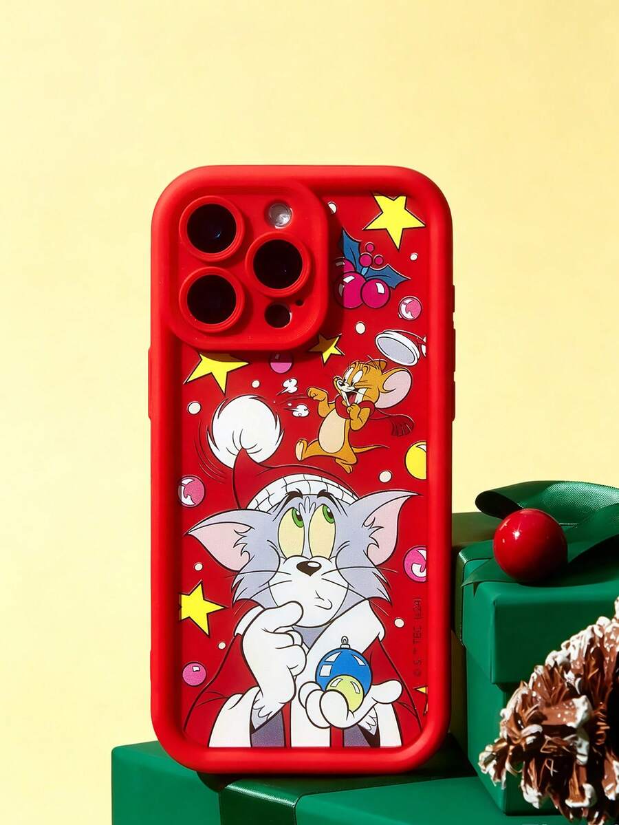 TOM & JERRY X SHEIN Christmas Cartoon Print Phone Case,Compatible With IPhone - Red - View 1