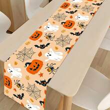 1pc Halloween Decoration Table Runner, Ghost Pumpkin Bat Pattern Orange Polyester Table Cover, Halloween Boo Ghost Tablecloth, Happy Halloween Decorative Table Cloth, Trick Or Treat, Halloween Cabinet Decorative Cover, Dining Table Centerpiece - Orange Full Version Halloween - View 10