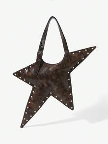 Viva Strut 1pc Star Shape Shoulder Bag, Retro Coffee Color Faux Leather, Fashion, Personalized, Versatile, Street Style, Sweet Cool Girl, Hot Girl, Y2K, Rivet. - Rust Brown - View 4
