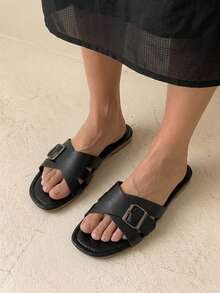 HighSole Ladies Solid Color Buckle Decorative Summer Fashion Flat Sandals - Black - View 5