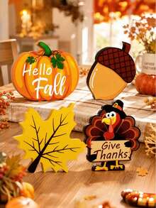 Set Dekorasi Meja Thanksgiving Musim Gugur 4 Buah, Kayu Berdiri Sendiri, Biji Ek, Daun Maple, Kalkun, Tanda Panen Pedesaan, Selamat Datang Musim Gugur, Ucapkan Terima Kasih, Ornamen Rak Perapian Gaya Rumah Pertanian - Bagian A - View 4