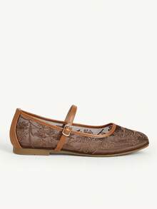 CUCCOO CHICEST Sepatu Wanita Gaya Cina Baru, Gaya Lembut, Sepatu Wanita Musim Semi dan Musim Panas untuk Bepergian dan Kencan, Benang Jala Bordir Bunga, Warna Polos, Ujung Bulat, Sol Datar, Mary Jane - Coklat - View 3